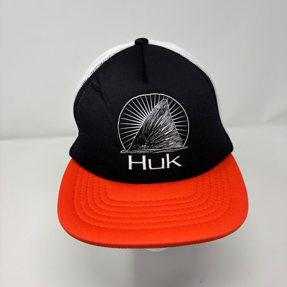 Huk Fishing Mesh Back Snapback Hat Black White Orange Shark Fin Logo Trucker Cap